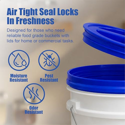5 Gallon Bucket - Food Grade w/Lid BPA-Free, White/Blue, 6 | Airtight Gamma Seal Screw-On Lid, Heavy-Duty 90 Mil HDPE Plastic, Food Safe and Durable Container, Bulk Storage, Made in USA - color: White/Blue, size: 6 Packs