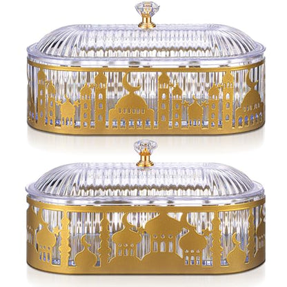 2 Pcs Ramadan Trays with Lid Metal Gold Eid Mubarak Plates Ramadan Moon Candy Dish Table Decorations Food Serving Tray Islam Muslim Al-Fitr Cookie Storage Container for Eid Party Supplies