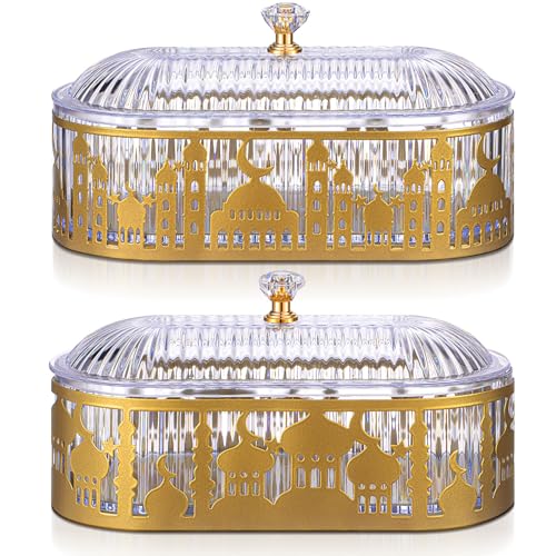 2 Pcs Ramadan Trays with Lid Metal Gold Eid Mubarak Plates Ramadan Moon Candy Dish Table Decorations Food Serving Tray Islam Muslim Al-Fitr Cookie Storage Container for Eid Party Supplies