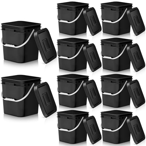 Mumufy 10 Pcs 3.5 Gallon Square Food Grade Bucket with Lid Plastic Buckets Pail with Handle Lid Heavy Duty Buckets for Storing Dry Food Charcoal Camping Fishing(Black) - color: Black, style: Square