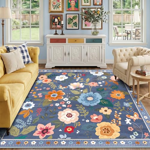 RELEANY Floral Washable Square 8ft Area Rug Blue/Grey - color: Blue/Grey, size: 8' (Square)