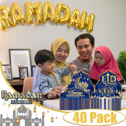40 Pack Ramadan Eid Mubarak Party Supplies Disposable Eid Mubarak Napkins 2 in 1 Ramadan Eid Mubarak Napkins Eid Mubarak Decorations Ramadan for Eid Party Supplies (6.5X6.5 in) (Blue)