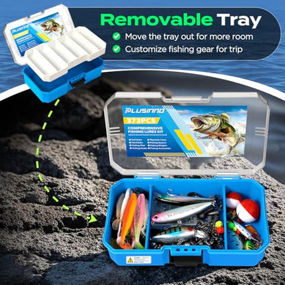 PLUSINNO Bass Fishing Lures Tackle Box Gear Kit with Tackle Included | Waterproof, Compact & Customizable, Bass Trout Fishing Gear Kit, Freshwater Topwater, 16 Rigs, Fishing Gifts for Men Starter - color: Blue 373 PCS Lures Box