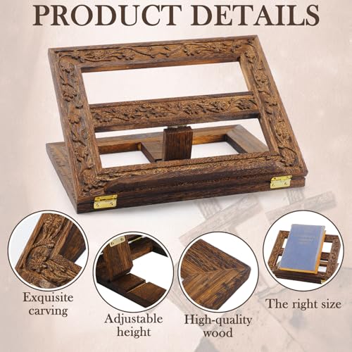 DoubleFill Adjustable Wooden Bible Stand Carved Bible Holder Missal Stand Book Display for Reading Folding Religious Prayer Wooden Holy Book Holder 12.99 x 10.04 Inches(Dark Brown) - color: Dark Brown