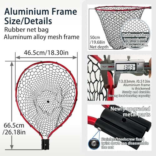 All Metal Telescoping Rubber Fishing Net with Handle Length: 59" Depth:19.7" Hoop: 26"x18" Large Silicone Fish Landing Net Pier/Kayak/Fishpond/Saltwater/Salmon Extendable Fishing Gear - color: Red plus
