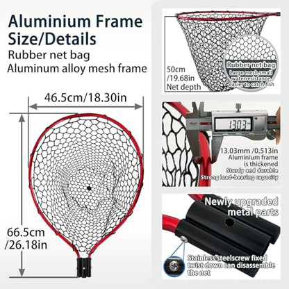 All Metal Telescoping Rubber Fishing Net with Handle Length: 59" Depth:19.7" Hoop: 26"x18" Large Silicone Fish Landing Net Pier/Kayak/Fishpond/Saltwater/Salmon Extendable Fishing Gear - color: Red plus