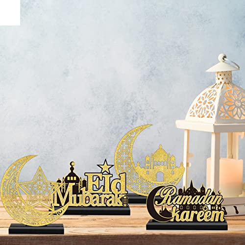 4pcs EID Mubarak Wooden Table Centerpiece Decorations EID Mubarak Wood Tiered Tray Signs Table Decor EID Mubarak Wooden Plaque Ornament Tabletop Signs for EID Ramadan Home Kitchen Gifts Supplies