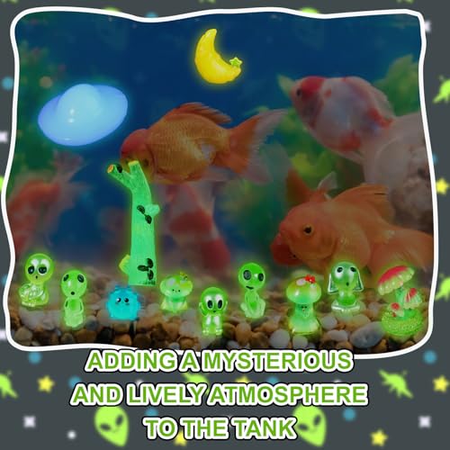 Civaner 13 Pcs Alien Decor Glow in Dark Mini Alien Betta Fish Tank Decoration Fairy Garden Accessories Scary Decor Miniature Accessories Tree Elves for Garden Aquarium Dollhouse Table