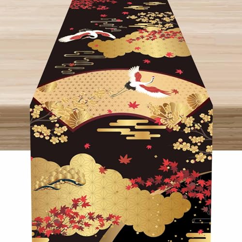 Japanese Table Runner,Asian Cherry Blossoms Maple Leaves Cranes Japanese Style Retro Elegant Table Center Decor for Kitchen Dining Patio Indoor Outdoor 13 x 36 Inch - color: Japanese-7, size: 13x36" Table Runner