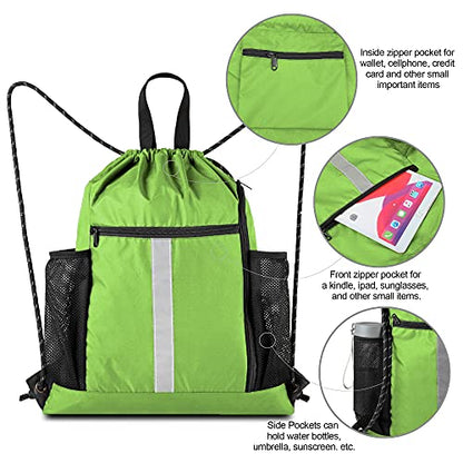BeeGreen Cinch Bag Backpack String Gym Sackpack with Shoe Compartment and Two Side Mesh Pockets Large Lightweight Portable Sport Drawstring Sack - color: Lime, style: Drawstring With Shoe Compartment