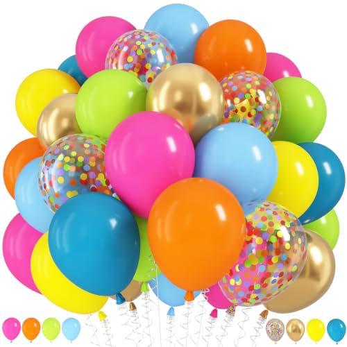 Tropical Balloons, 60Pcs Summer Balloon Hot Pink Orange Teal Blue Yellow Green Gold Colorful Balloons with Rainbow Confetti Balloon for Hawaiian Aloha Luau Pool Birthday Beach Party Decorations - color: Colorful, size: 12 inch 60pcs