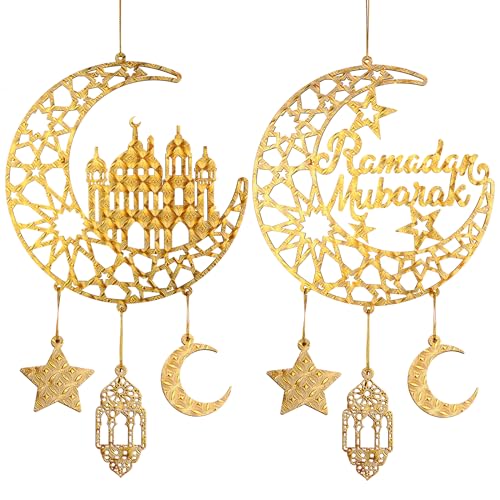 2 Pieces Eid Mubarak Door Sign Wooden Hanging Signs, Ramadan Kareem Hollow Ornament Decorations Moon and Stars, Moon Shape Ramadan Mubarak Party Wood Wall Hanger for Islamic Muslim Home Decor - color: Gold House