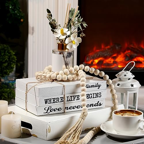 Jetec 3 Pcs Decorative Display Books White Home Decor Coffee Table Faux Stacked Fake Decorative Books with Wood Bead Tassels for Shelves Kitchen Entryway Living Room, 58 Inch, Family Where Life Begins - style: Family Where Life Begins