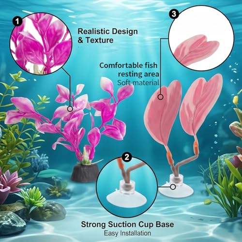 4 PCS Pink Fish Tank Decor, Fish Hammock Resting Leaf, Artificial Underwater Plants Decorations, Set of Two Pink Aquarium Decor with Two Betta Fish Leaves