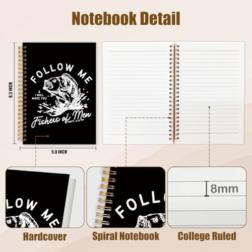 WUCHJ Black Retro Fish Christian Notebook, Matthew 4:19 Bible Verse Journal, Religious Scripture Spiral Notebook Journal for Note Taking, Christian Faith Based Gifts for Women Men, 5.5x8.3 Inch - color: black fish follow me