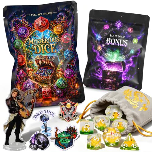 QMAY Mystery D&D Dice Set – 7 Resin Polyhedral RPG Dice with Bonus Loot - style: 1 bag Resin Dice + Bonus