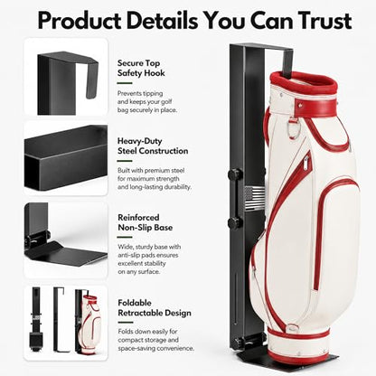 Golf Bag Wall Mount for Garage, Heavy Duty Wall Mounted Golf Bag Storage Rack Organizer Holder, 150 LBS Capacity, Fits 38-43 Inch,Space Saving Golf Club Hanger for Basement, Shed, Includes Drill Bits