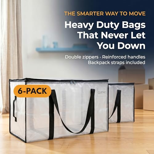 ClearSpace Heavy Duty Moving Bags - Water Resistant Storage Bags with Backpack Straps, Zippers and Handles - Large Moving Boxes for College Dorm, Travel, Closet Organization - 6 Pack, Clear | Heavy-duty moving bags with backpack straps, zippers, and handl