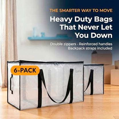 ClearSpace Heavy Duty Moving Bags - Water Resistant Storage Bags with Backpack Straps, Zippers and Handles - Large Moving Boxes for College Dorm, Travel, Closet Organization - 6 Pack, Clear | Heavy-duty moving bags with backpack straps, zippers, and handl