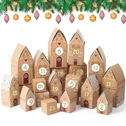 Christmas Advent Calendar Boxes - 28P Christmas Candies Treats Boxes Empty Advent Calendar Boxes to Fill 24 Days Xmas Advent Countdown Number Label Stickers Kraft Paper Xmas Gift House Boxes