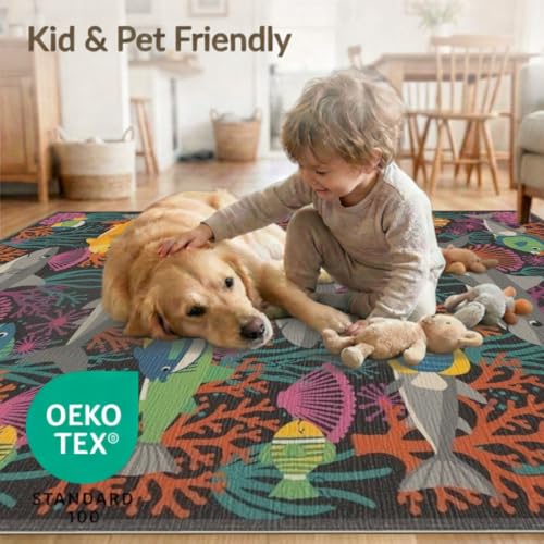 8'x10' Washable Graphic Shark Large Rug, Black Non-Shedding Pet Friendly Carpet Foldable Easy Care Mat for King Size Bedroom, Master Suite, Under Bed | Ref:2068058 - color: Black/Pattern 23, size: 8' x 10' (Rectangular)