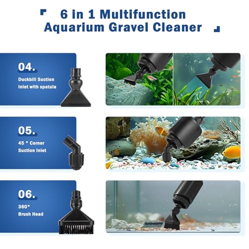 AQQA Electric Aquarium Vacuum Gravel Cleaner, 6 in 1 Fish Tank Vacuum | Automatic Cleaning Tools Kit Water Changer, Multifunction Wash Sand Filter Water Circulation 20W 320GPH 110V