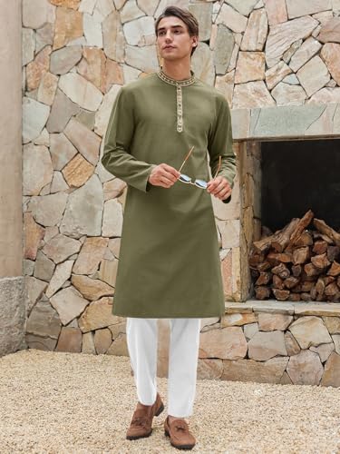 Runcati Mens Cotton Kaftan Robe Long Sleeve Button Down Henley Shirts Thobe Casual Side Split Gown Shirt - color: Army Green, size: Medium