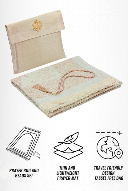 ihvan online Muslim Prayer Rug with 99 Beads Tasbih & Travel Bag, Soft Taffeta Sajadah, Lightweight & Foldable Janamaz, Portable Prayer Mat, Islamic Gift for Eid, Ramadan, Hajj & Umrah, Gold - color: Gold