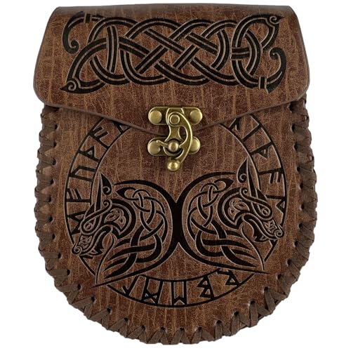 HiiFeuer Nordic Embossed Belt Bag, Retro Medieval Faux Leather Side Pocket, Portable Vintage Waist Bag for LARP Ren Faire - color: Fenrir