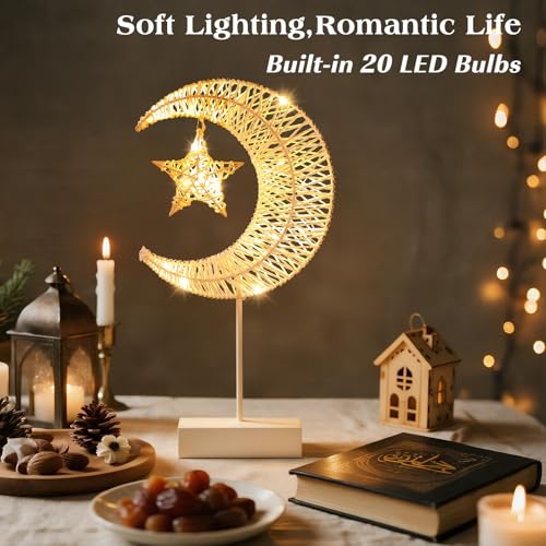 Lewondr Decorative Table Lamp, Christmas Moon Star Ramadan Desk Lamp Battery Powered Warm LED Crescent Light for Xmas Home Bedroom Bedside Desktop Nightstand Decoration, White - style: Moon + Star