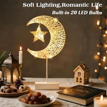 Lewondr Decorative Table Lamp, Christmas Moon Star Ramadan Desk Lamp Battery Powered Warm LED Crescent Light for Xmas Home Bedroom Bedside Desktop Nightstand Decoration, White - style: Moon + Star