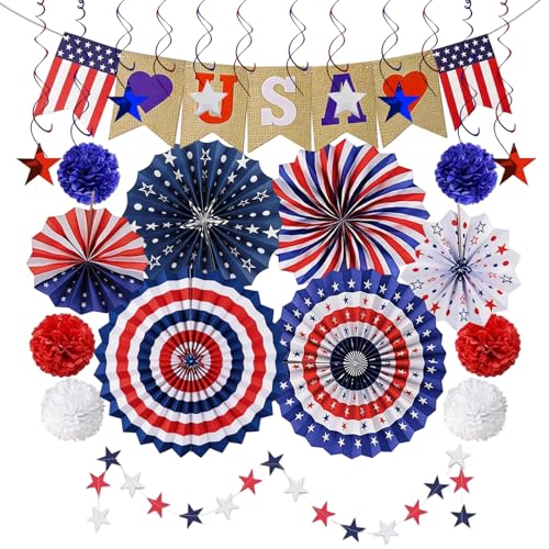 4th of July Decorations Patriotic Party Supplies, Red White and Blue Hanging Swirls Paper Fans USA Banner Star Garland for Independence Day Memorial Day Veterans Day BBQ Decorations - color: 4th of July