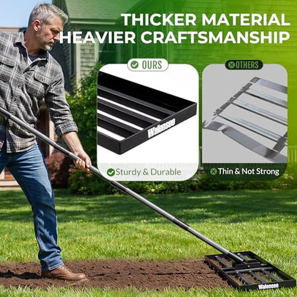 Walensee Foldable Split Lawn Leveling Rake, 30"x10" Heavy Duty Lawn Leveler Tool with 6.5FT Steel Handle, Levelawn Landscape Rake for Topdressing, Soil, Sand, Dirt, Backyard, Garden - size: 6.5FT 30"x10"