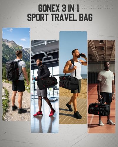 Gonex 45L Tactical Duffel Bag, 3-in-1 Convertible Carry-On Gym Bag for Men with Red Zipper Pull, Shoe Compartment, Gear Loops, Water-Repellent Travel Bag (Black with Red Accents) - color: Black with Red Accents, size: 45L