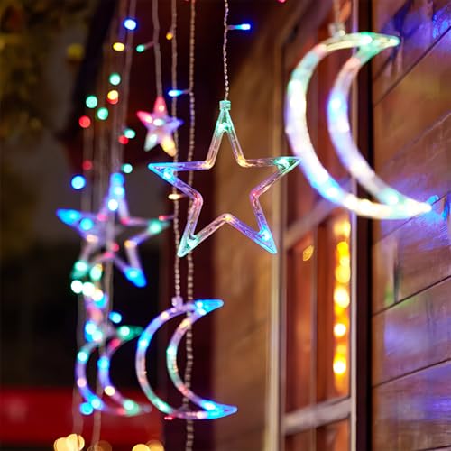 Moon and Stars Decor Curtain Lights, 11.5ft String Lights for Bedroom, Christmas, Ramadan Decor, Indoor LED Fairy Twinkle Light, Battery Operated or USB Plug-in - color: Multicolor
