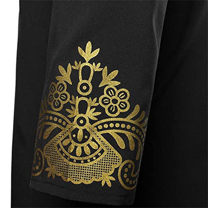 Kurta for Men Muslim Kaftan Button Up Henley Shirts Casual Ethnic Printed Long Sleeve Thobe Caftans Robes - color: Black, size: Small