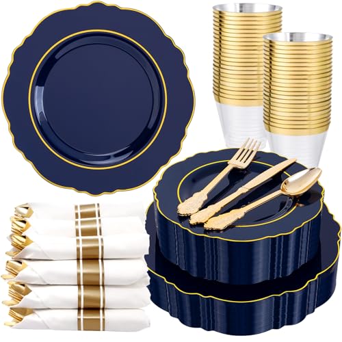 Liacere 350PCS Navy Blue Plastic Patriotic Plates-Disposable Blue Gold Plates 50guest Plastic Dinnerware include 100Plates,50Pack Pre Rolled Napkins with Silverware 50Cups for Party/Wedding/Labor Day - color: Bule