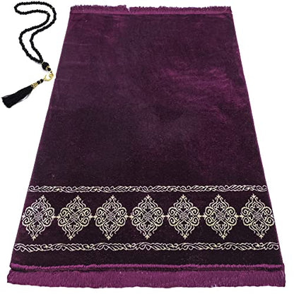 Modefa Turkish Islamic Prayer Rug - Large & Wide Soft Velvet Janamaz - Comfortable Muslim Praying Mat for Men & Women - Ramadan or Eid Gift - with Prayer Beads Tesbih - Grand Plush (Plum) - color: Plum