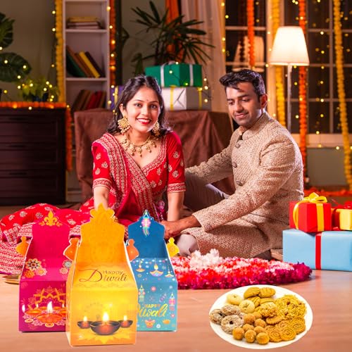 HOWAF 12 PCS Happy Diwali Candy Boxes - Diwali Party Decoration Gift Boxes - Festival of Lights Treat Boxes - Diya Goodie Boxes for Indian Deepavali Party Supplies Favor
