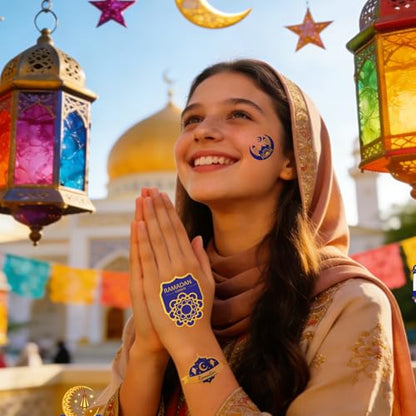 Happy Ramadan Mubarak Temporary Tattoos, 8 Sheets Eid Al Adha Ramadan Kareem Party Decorations, Moon Star Tattoo Stickers for Eid Mubarak Festival Gifts Party Favors Supplies