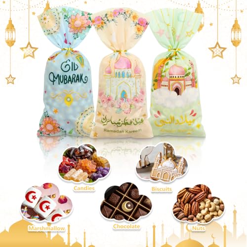 Unigift 50 Pcs Eid Mubarak Treat Bags with Twist Tie,Ramadan Party Favor Bag Crescent Moon Star Castle Pattern Eid al-Fitr Kareem Goodie Candy Bag Cookies Snack Gift Bags for Muslim Party Supply
