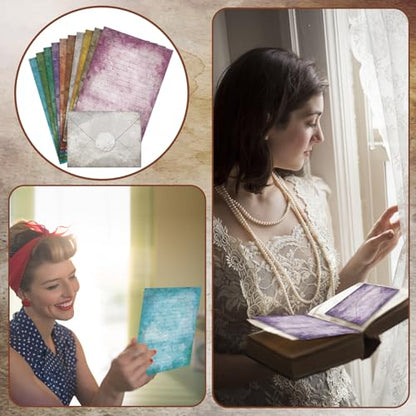 TaoBary 160 Pcs Stationery Paper Set 50 Double Sided Stationery Papers with 50 Matching Envelopes and 60 Round Dot Sticker, 10 Design (Vintage,8.25 x 5.5 Inch) - size: 8.25 x 5.5 Inch, style: Vintage