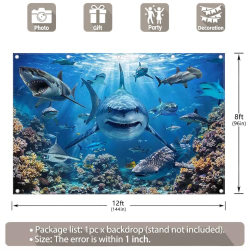 12x8ft Shark Theme Under the Sea Photography Backdrop | Underwater World, Kids Party Supplies, Aquarium Coral Reef Shallows Banner, Deep Ocean Photo Booth, Polyester, Grommets, 1PC - size: 12'x8'