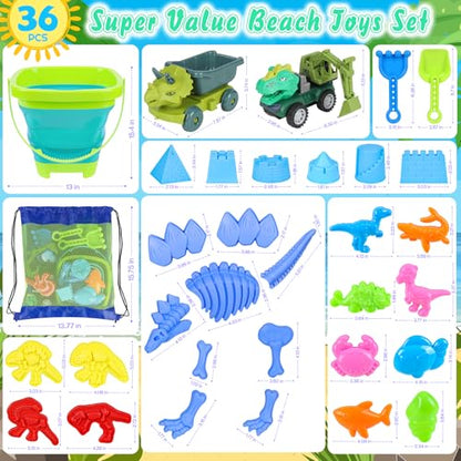 Beach Sand Toys, Sandbox Toys with 2 Dinosaur Dump Truck, Collapsible Bucket, Creative Molds, Mesh Bag, Sand Castle Play Set for Kids Ages 3-12, Outdoor Summer Beach Essentials for Building & Playing
