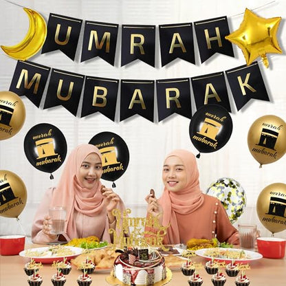 Umrah Mubarak Party Decoration Balloons - 33 Pcs Hajj Mubarak Black Gold Ramadan Eid Party Decorations Banners Star Moon Foil Balloon Cake Toppers for Happy Eid Muslim Islam Festival Decor Supplies