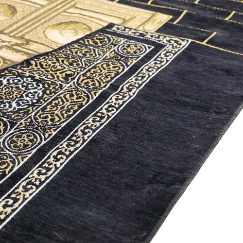 Kaaba Door Islamic Prayer Rug, Embroidered Velvet Janamaz Sajadah - color: Black Kaaba Wall