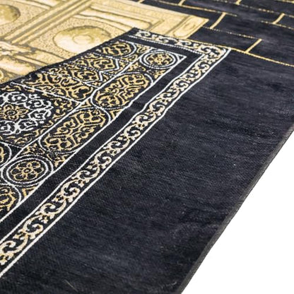 Kaaba Door Islamic Prayer Rug, Embroidered Velvet Janamaz Sajadah - color: Black Kaaba Wall