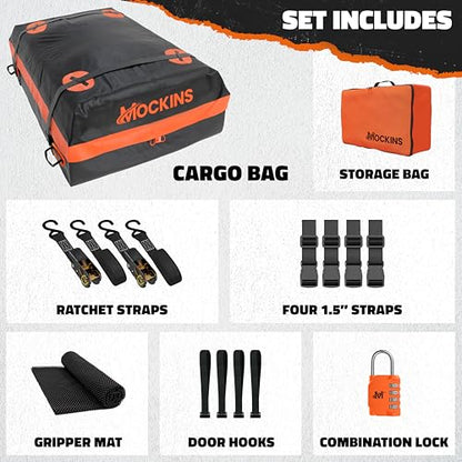 Mockins 20 Cu.Ft. Roof Cargo Bag for Top of Car | 53"x40"x17" All-Weather Rooftop Cargo Carrier Bag | Abrasion-Resistant Vinyl Car Top Carrier Without Roof Rack w/Mat, Straps, Hooks, Lock & Carry Bag - size: Bag: 53"x40"x17"