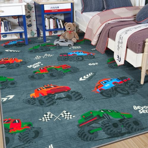 STARUIA 5x7 Washable Car Rugs for Boys Room, Large Cool Race Truck Kids Rug for Bedroom, Soft Boys Play Rug Construction Carpet for Kids Room Playroom Living Room（Grey - color: Grey, size: 5x7