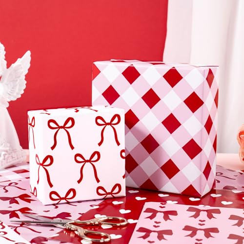 RUSPEPA Valentine's Day Wrapping Paper Sheets, Red and Pink Heart, Bow, Stripe and Plaid Design, Romantic Gift Wrap for Girls, Birthday, Anniversary, Bridal Shower, 6 Folded Sheets, 19.68 X 27.5 Inch - color: Romantic Design